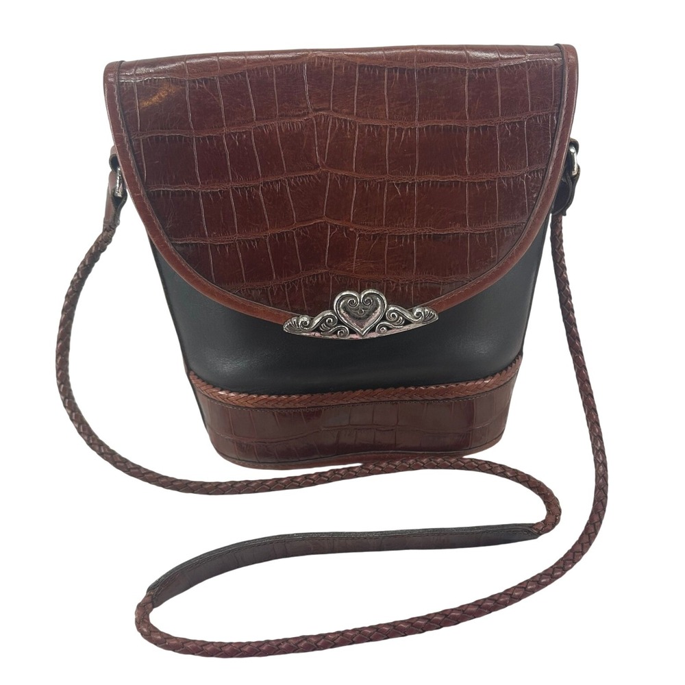 Brighton Black Brown Croc Embossed Leather Heart Crossbody Bag 592508